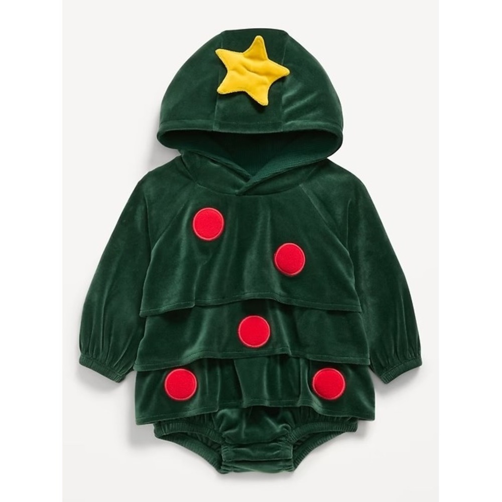 Old Navy Baby Christmas Tree Velour Hooded Bodysuit Green 18-24M Holiday Costume